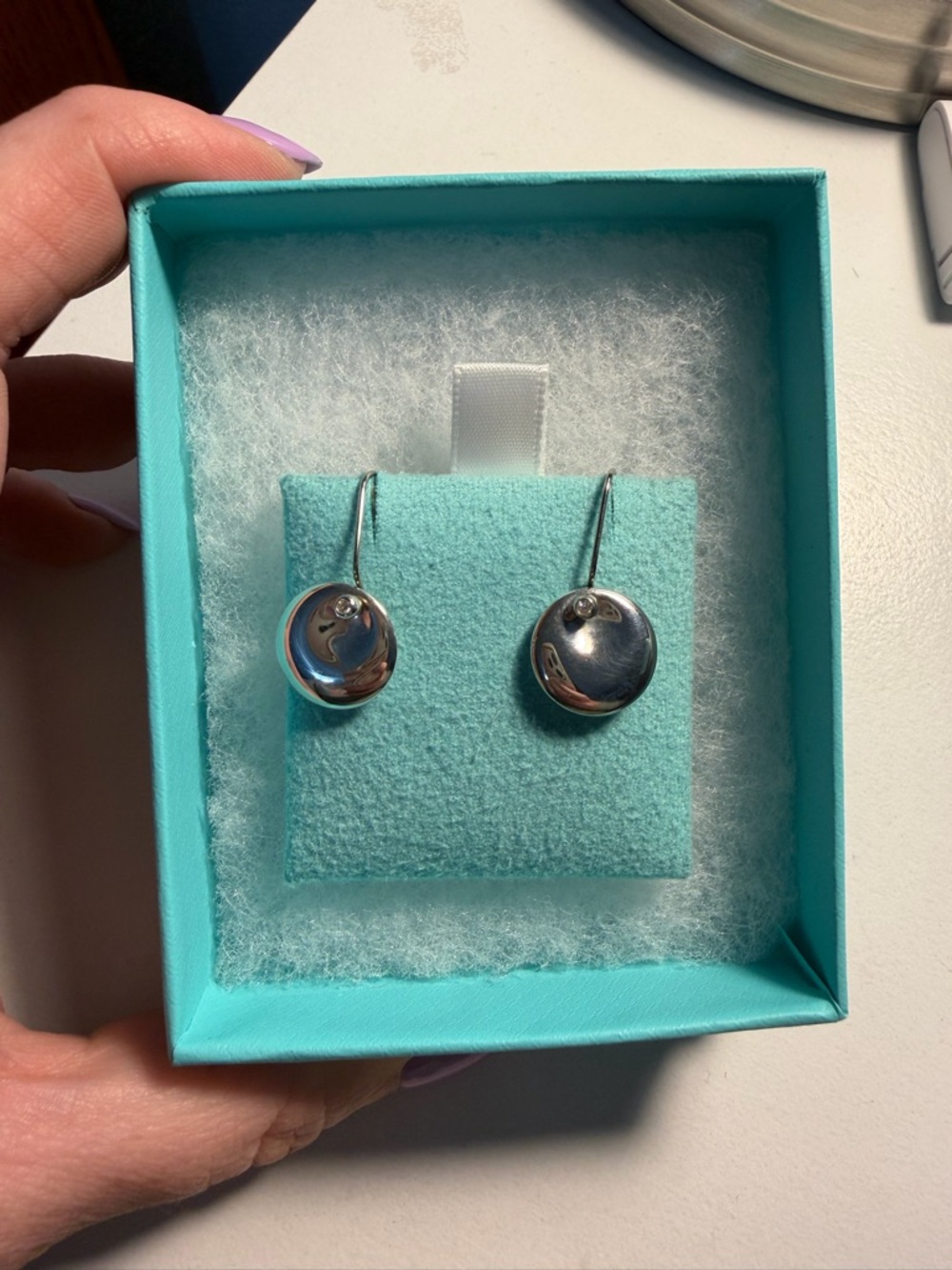 Tiffany and Co Silver Elsa Peretti Rount Disc Diamond drop dangle Earrings